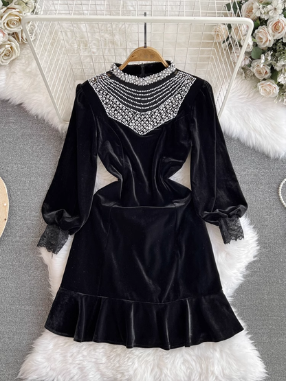 Long-sleeve stand-collar beaded panel ruffled velvet dress  YM1016