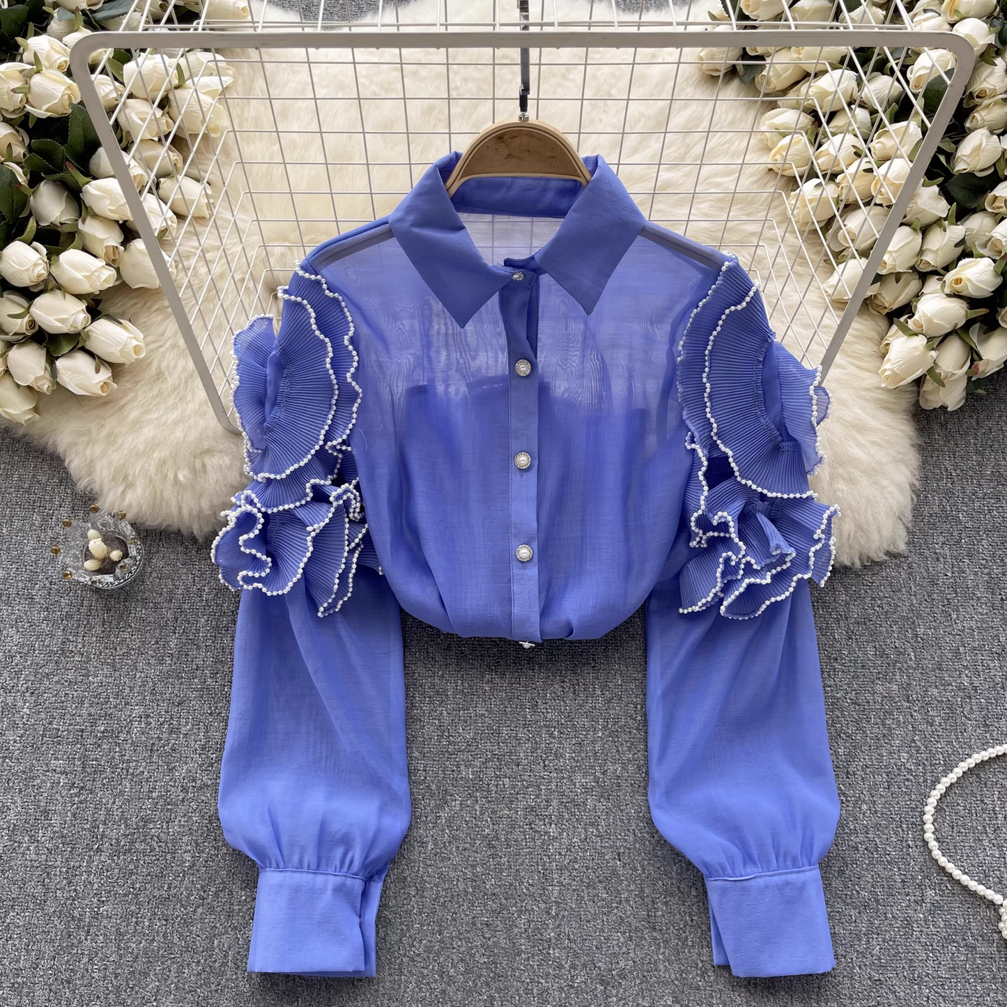 women's summer three-dimensional flower long sleeve mesh blouses YM353