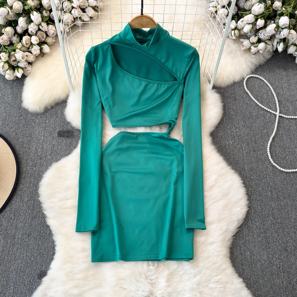 Spring and Autumn Fashionable and Sexy Long Sleeve Stand Collar Hollow Chest Dress YM1027