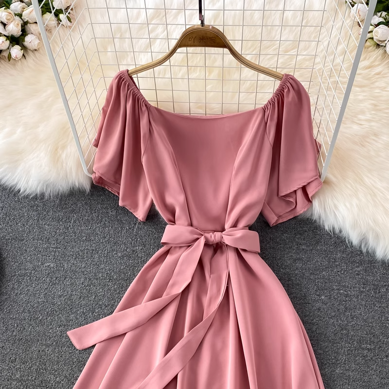 chic retro solid color ruffled mid-length square neck dress ,YM210