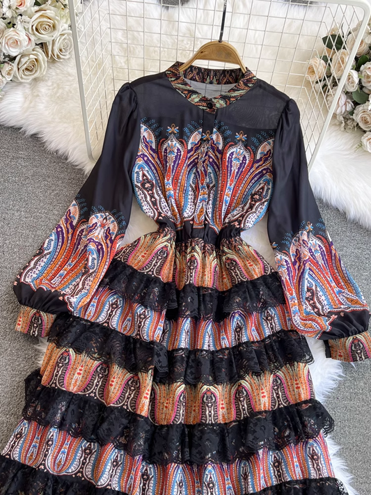 Spring and Autumn Retro Palace Style Long Sleeve Stand Collar A-Line Dress YM890