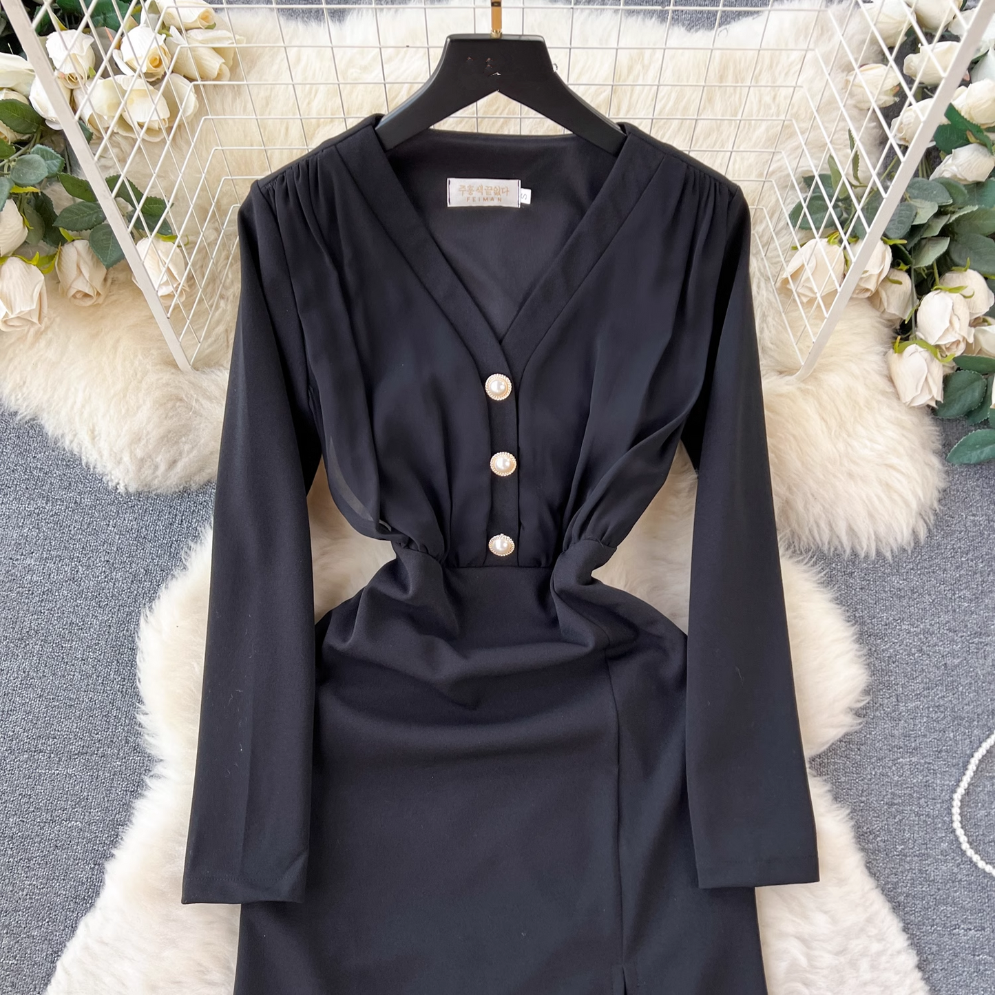 Long sleeve V-neck slit black dress  YM800