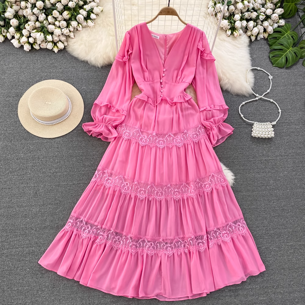 Lantern long-sleeved V-neck lace stitching chiffon dress seaside holiday dress, YM269