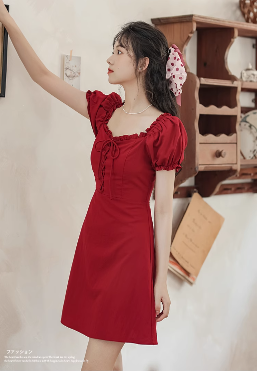 New Style Red Short Dress With Square Neck And Puff Sleeves YM1802