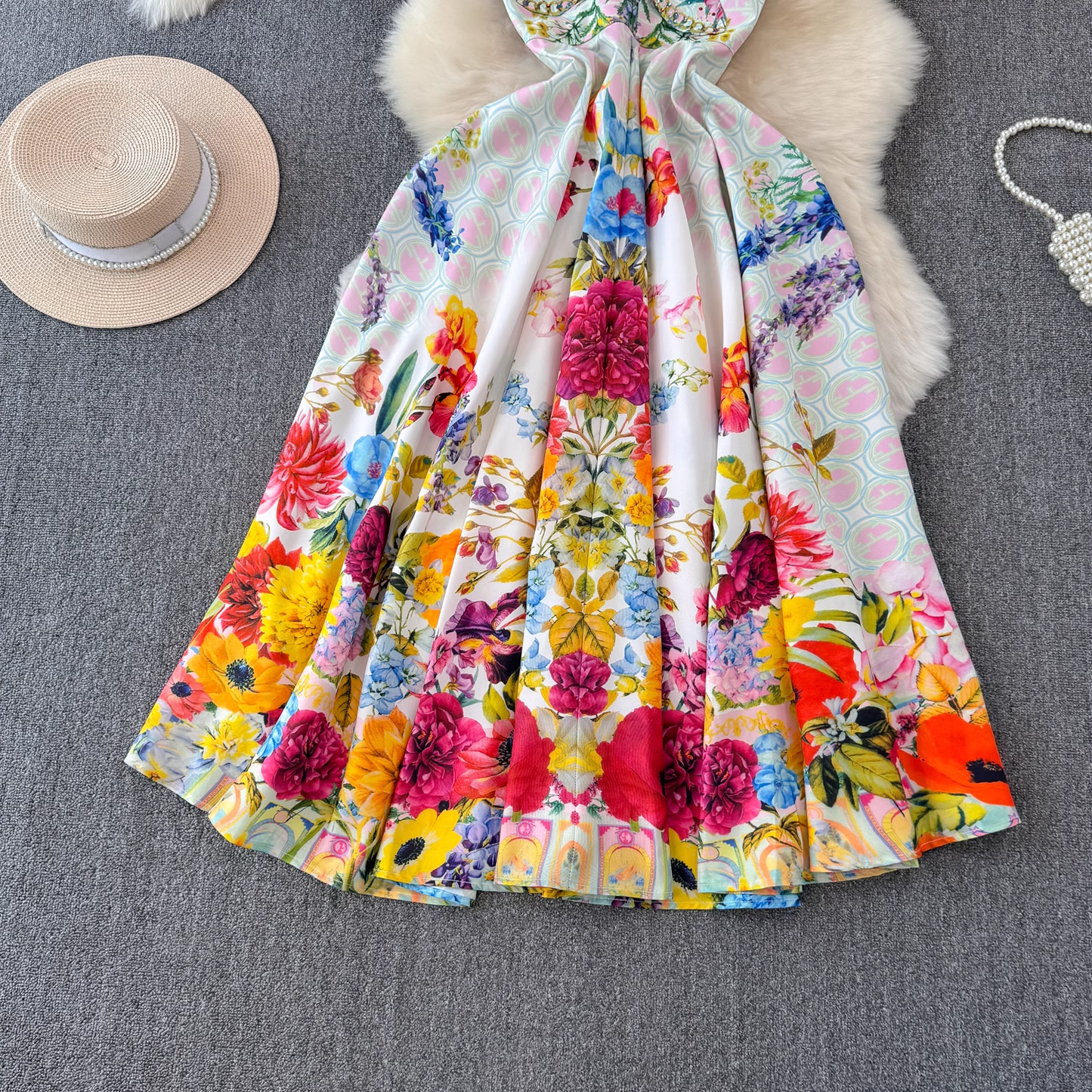 Colorful floral suspender seaside vacation dress  YM1424