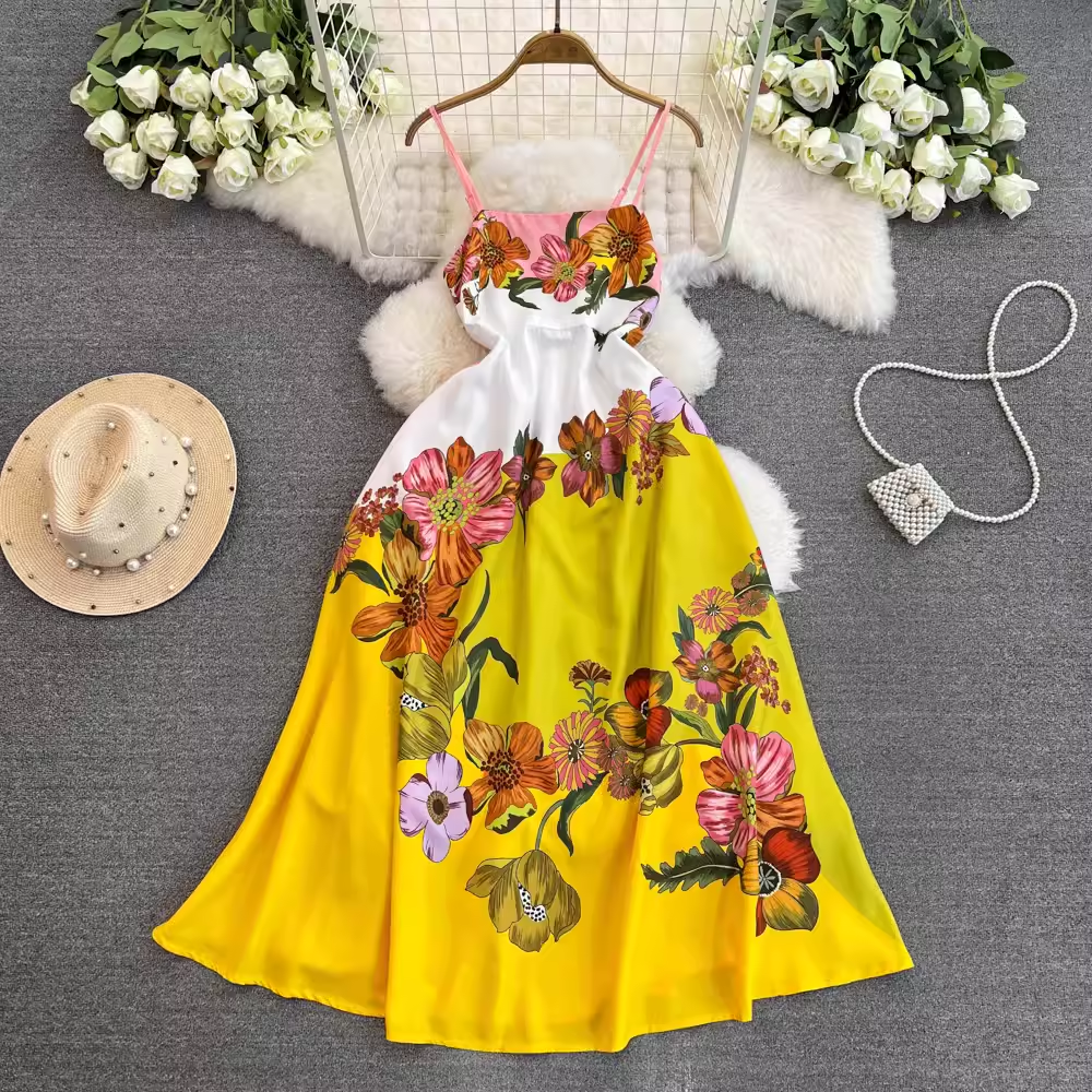 Women's retro floral suspender dress summer bohemian style  YM1425