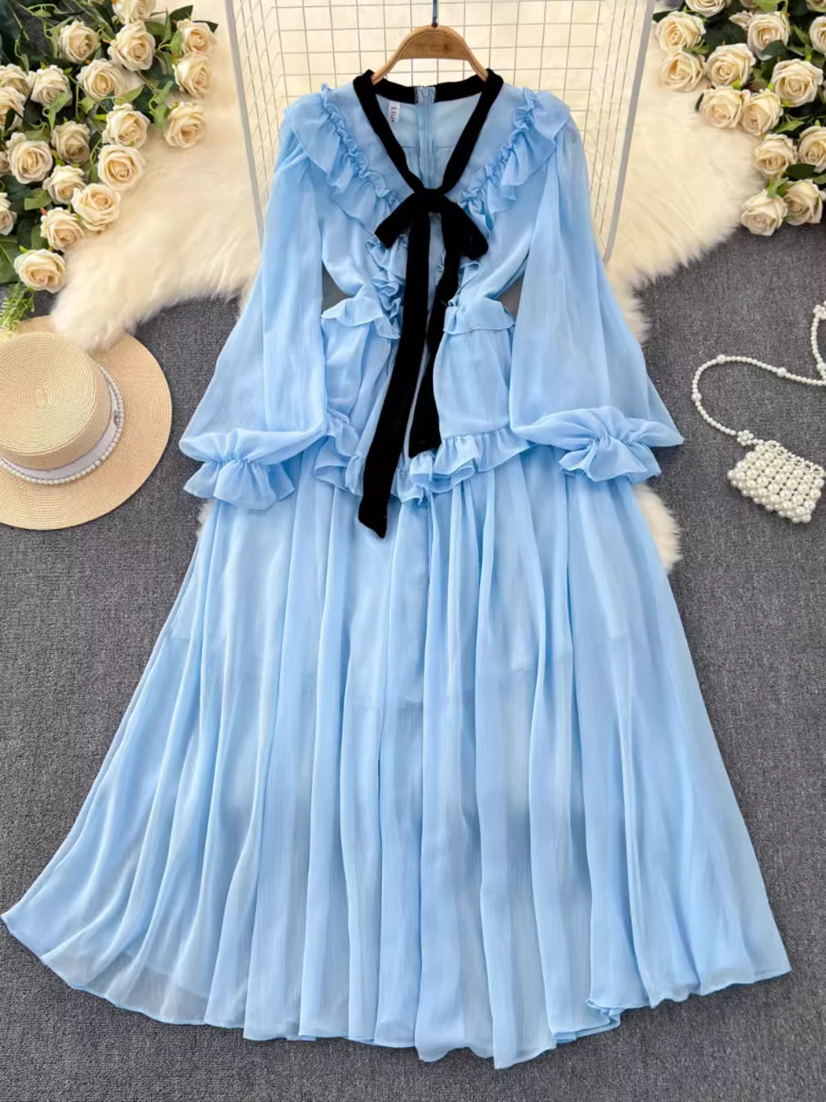 Vintage style long sleeve bow V-neck ruffled A-line chiffon dress YM1043