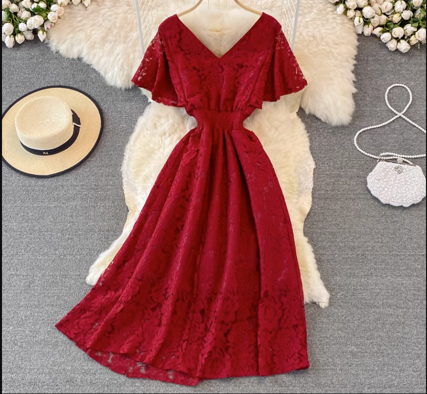 V-neck ruffle sleeve lace maxi dress,YM208