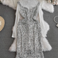 Long-sleeved mesh patchwork stand-up collar sparkling sequin dress YM1015