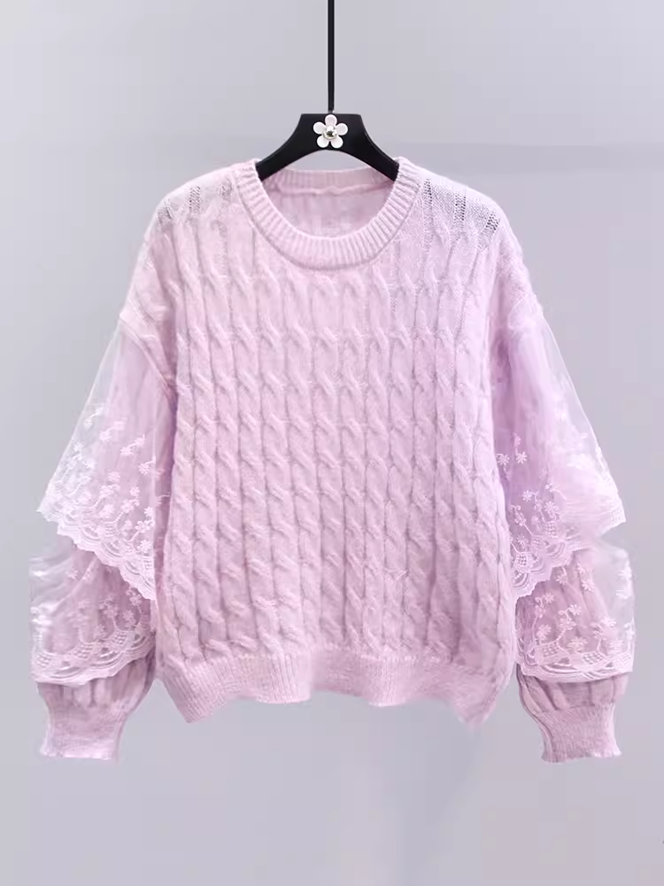 women's lace spliced twist pullover sweater YM671