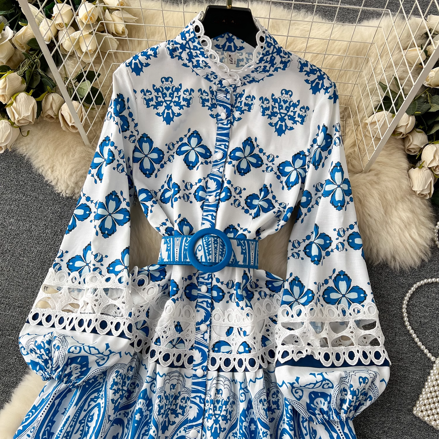 Stand collar printed dress women's retro court style lantern long-sleeved fairy dress YM408