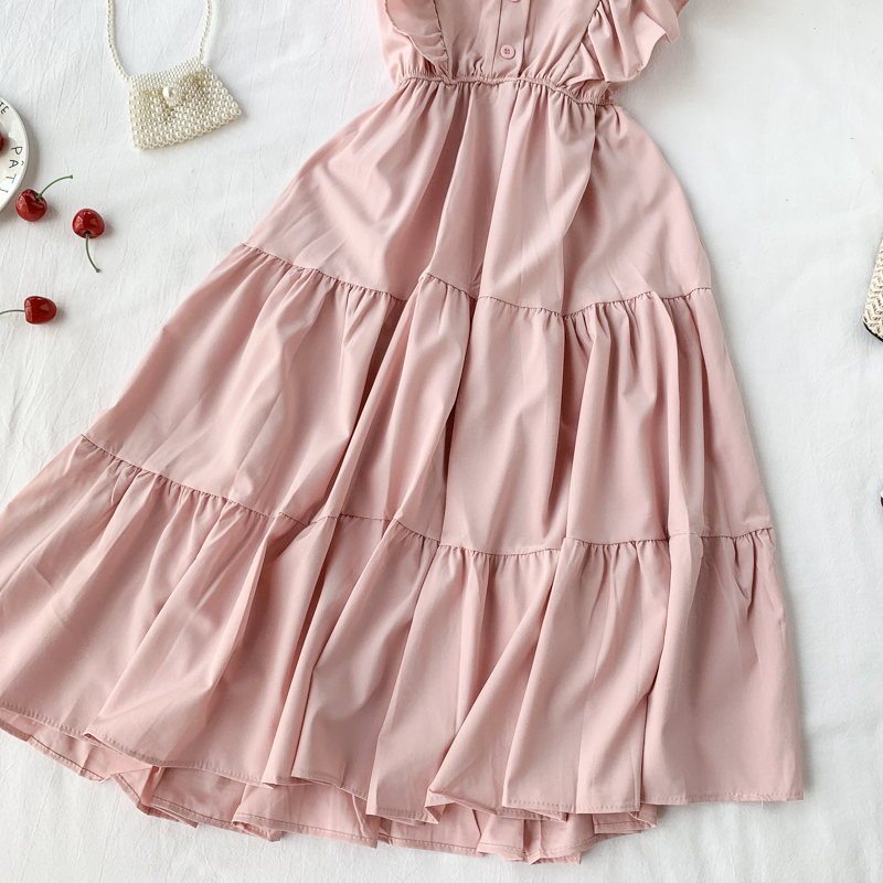 Vintage V-neck ruffled sleeveless Summer Dress, YM86