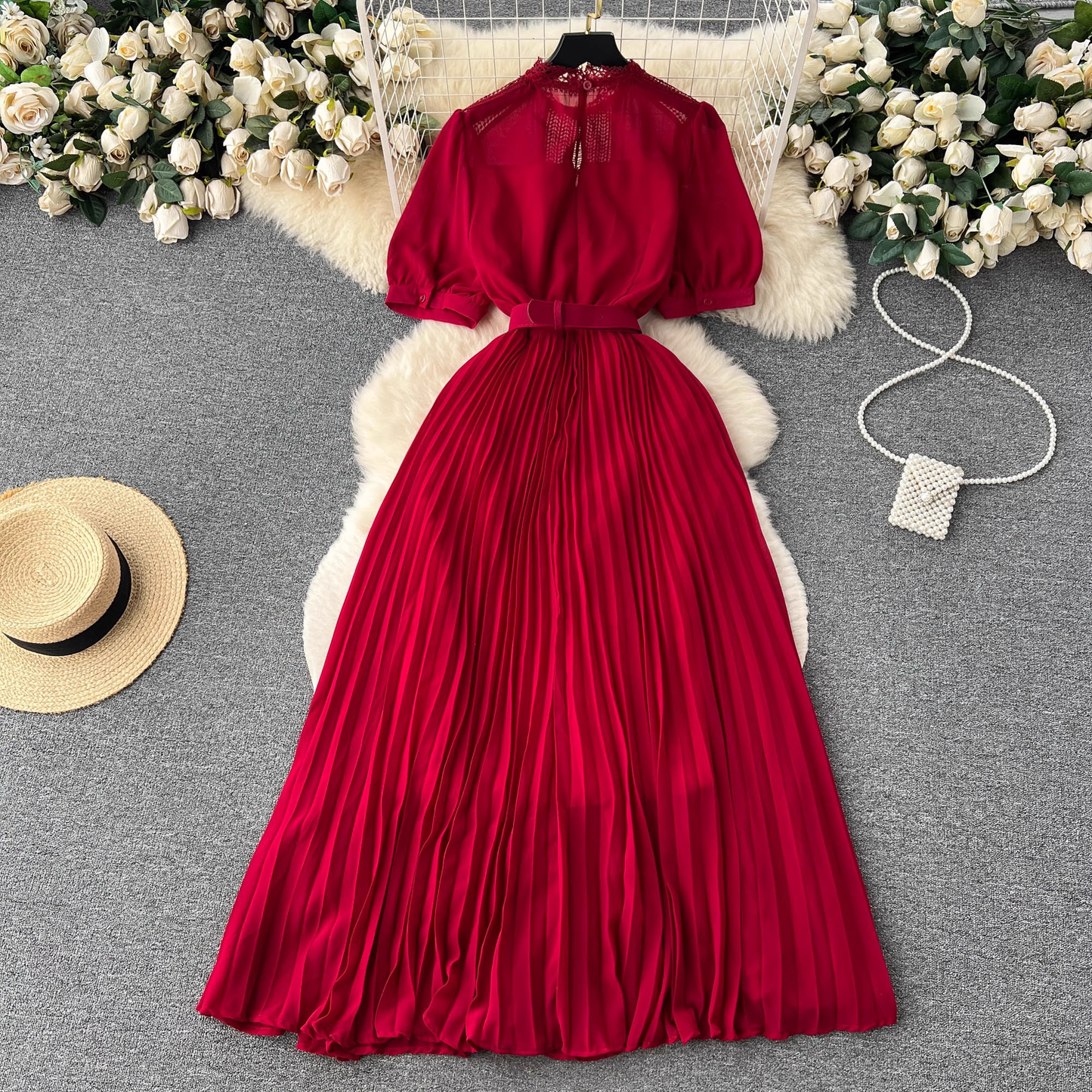 Turtleneck Puff Sleeve Pressed Pleated Dress,YM115