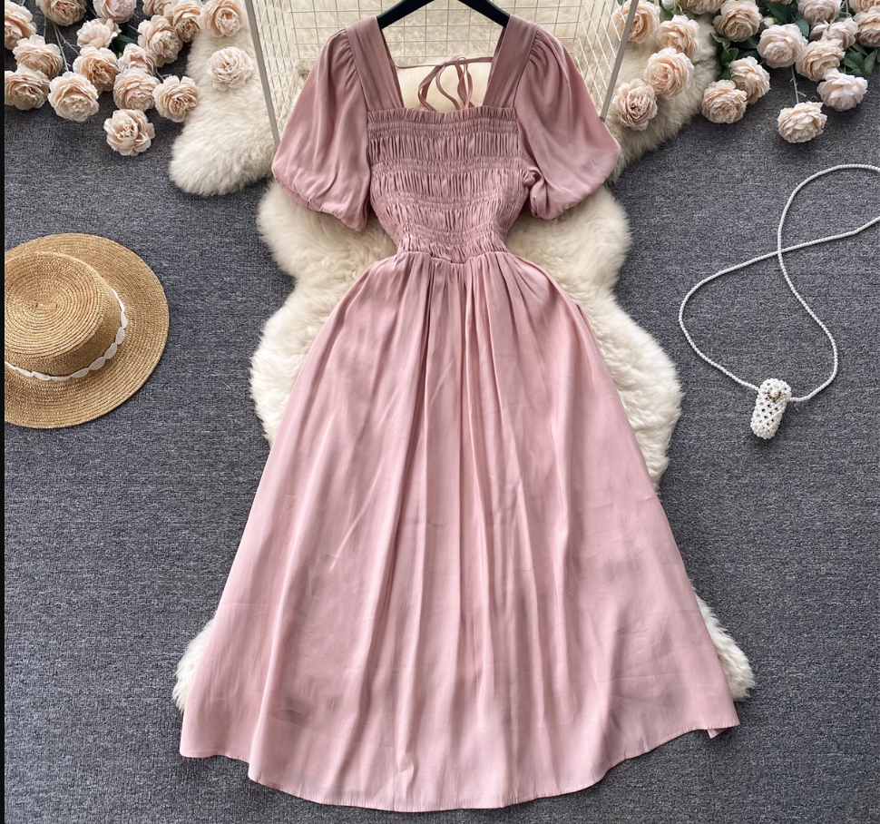 women's summer puff sleeve waist dress,YM109