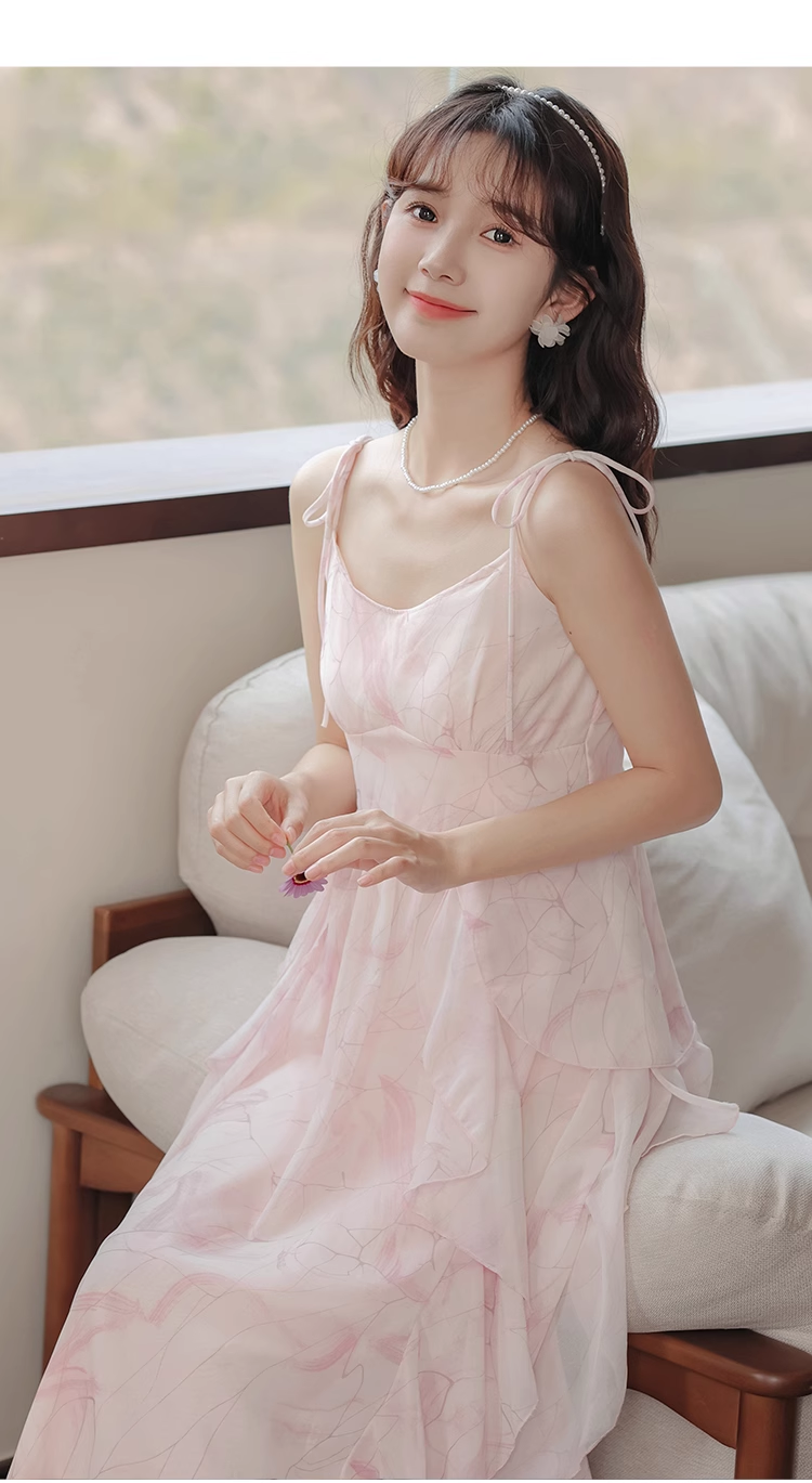 Pink ruffled chiffon suspender dress for women summer  YM1188