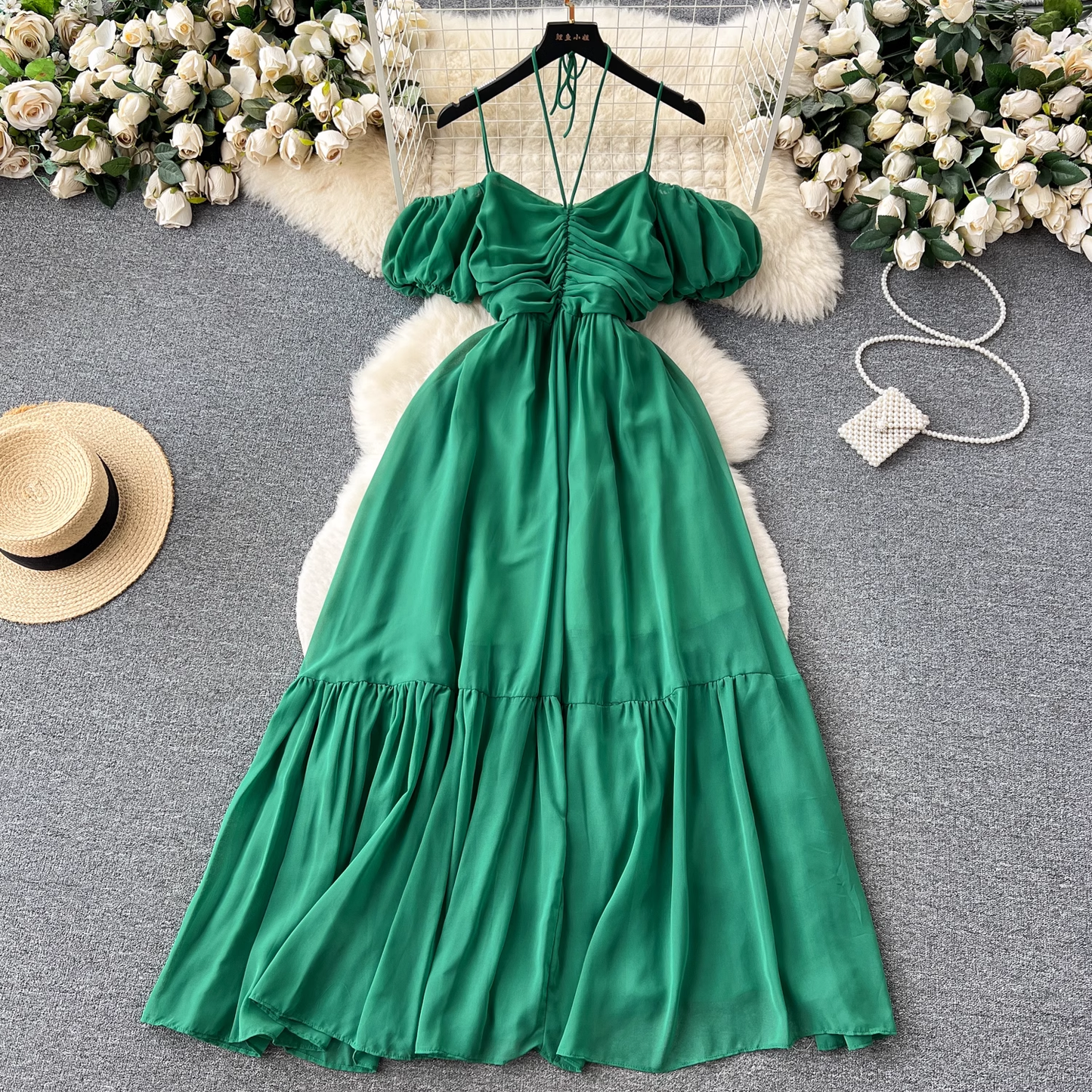 Women's summer strapless pleated dress with straps YM352