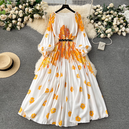 New women's dress printed pleated holiday long dress  YM1179