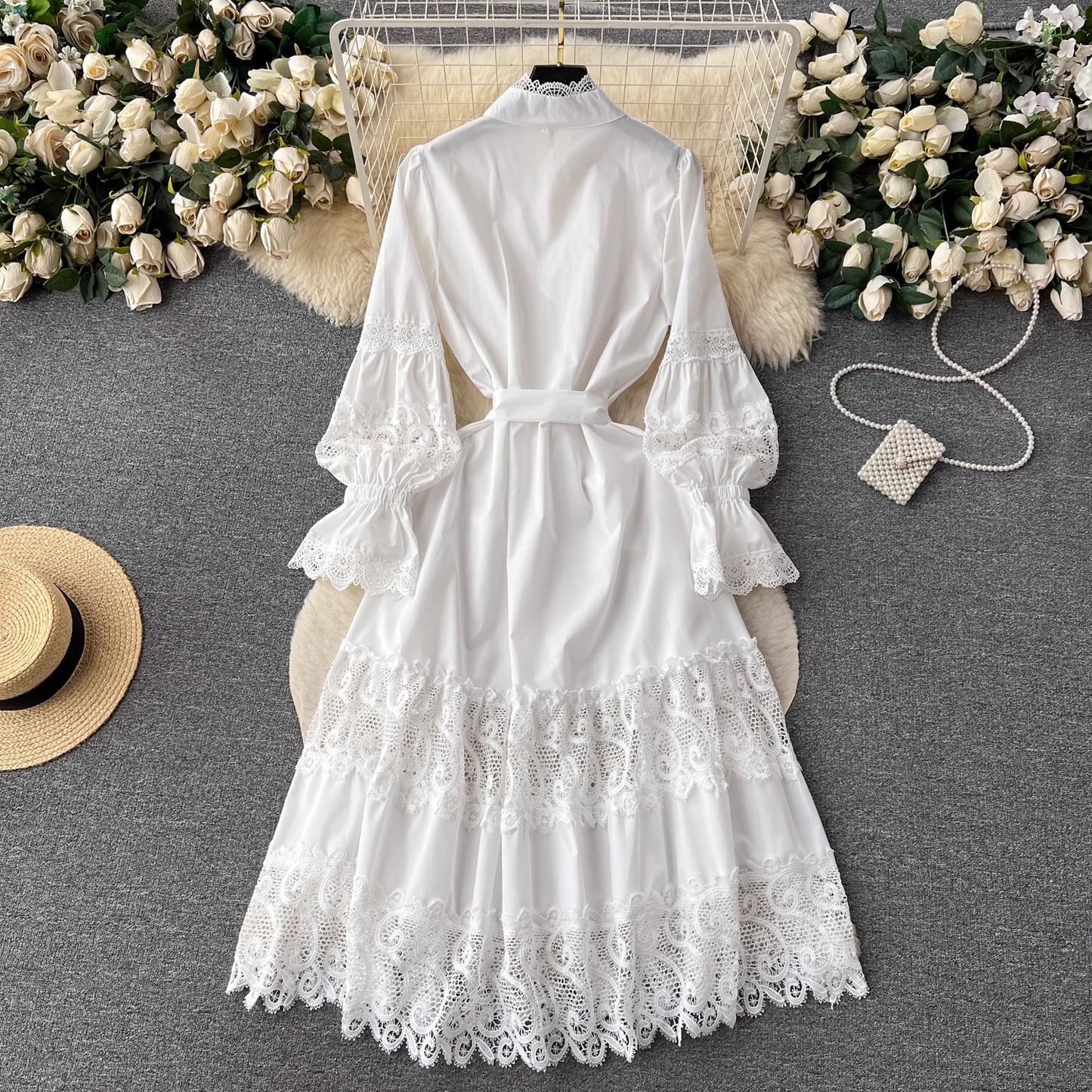 Palace style dress lace puff sleeve long skirt YM612