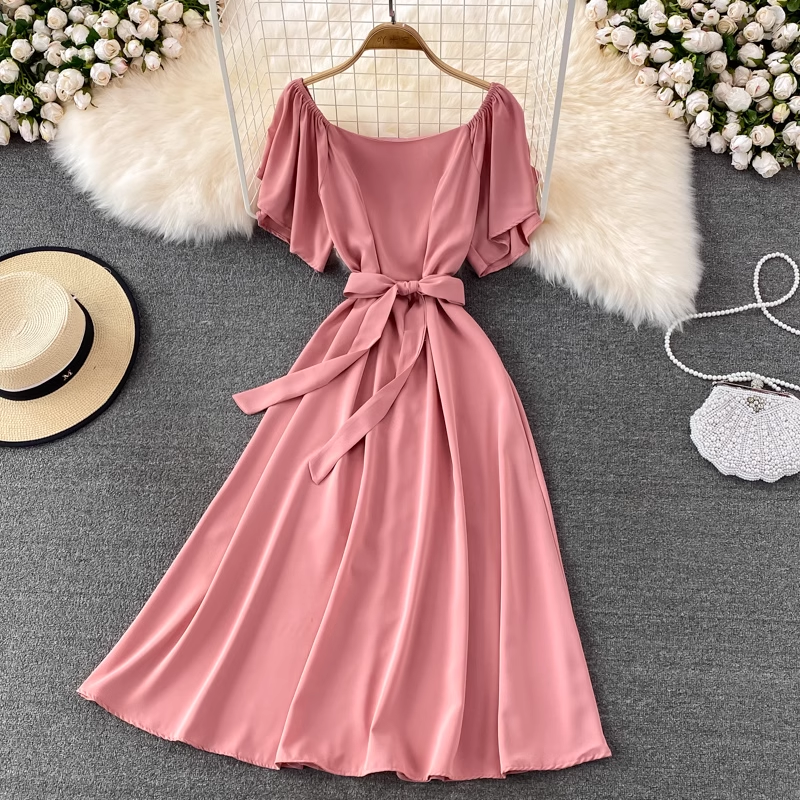 chic retro solid color ruffled mid-length square neck dress ,YM210