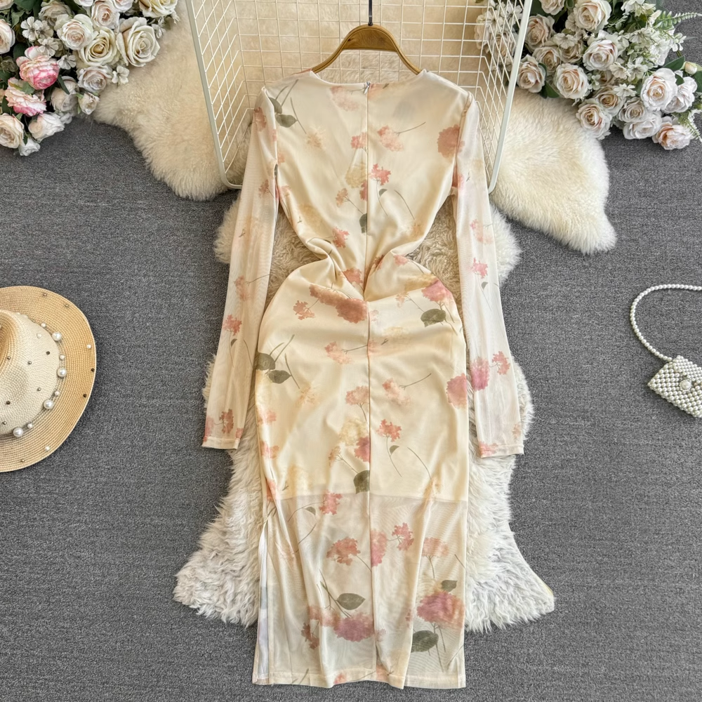 Elegant long-sleeved V-neck twist mid-length printed dress for autumn YM841