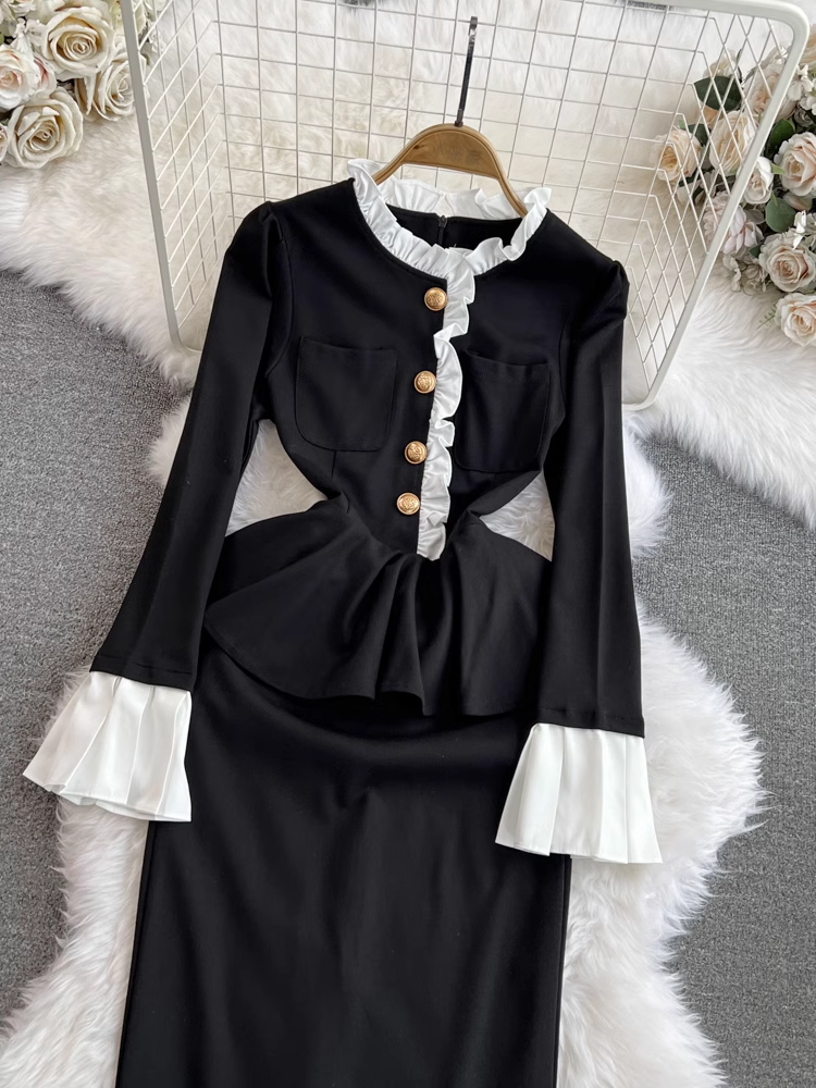 Flared long-sleeve stand-up collar waist bodycon dress  YM991