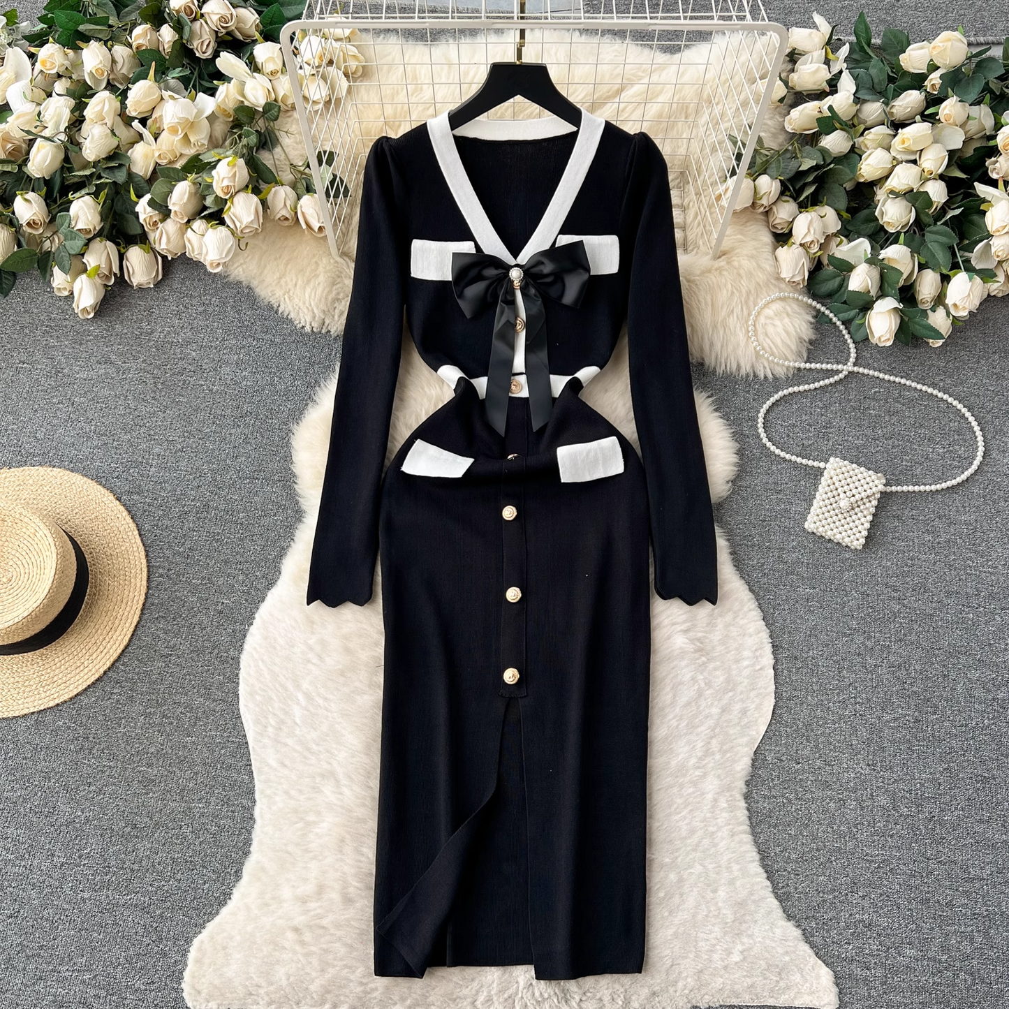 Knitted dress women's autumn and winter bow single-breasted design maxi dress  YM508