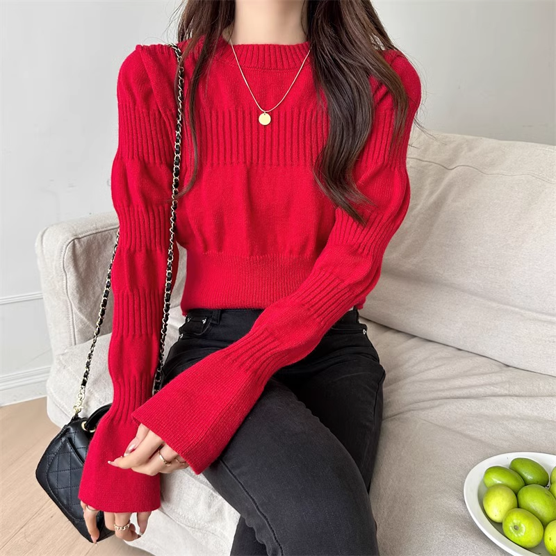 Women's fall knitted bottoming shirt with puff sleeves YM495