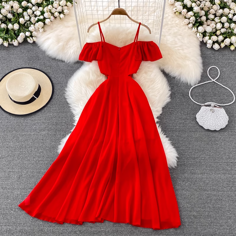 Red Chiffon Seaside Vacation Dress ,YM189