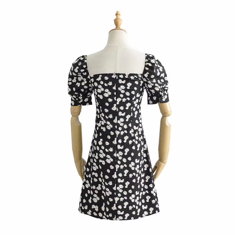 Retro pastoral floral daisy slim square neck dress  YM484