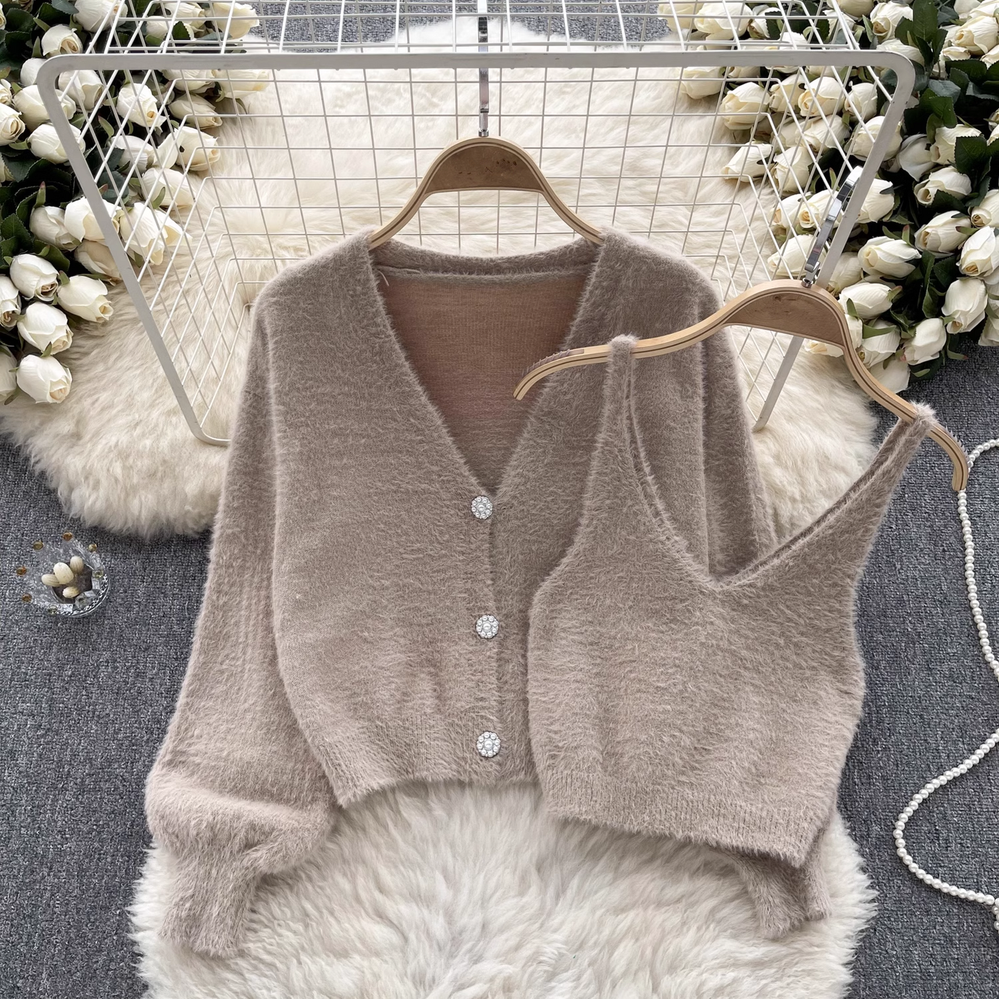 Fashion plush suit autumn and winter short camisole + cardigan jacket sweater suit YM538