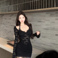 Black Sexy Halter Neck Lace Long Sleeve Hip Dress YM1832