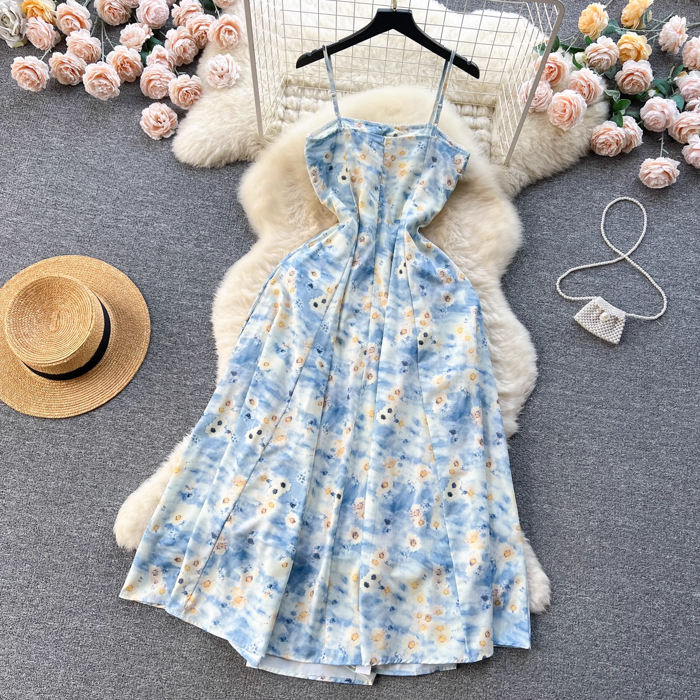 French retro oil painting sense print suspender dress women summer dress , YM167