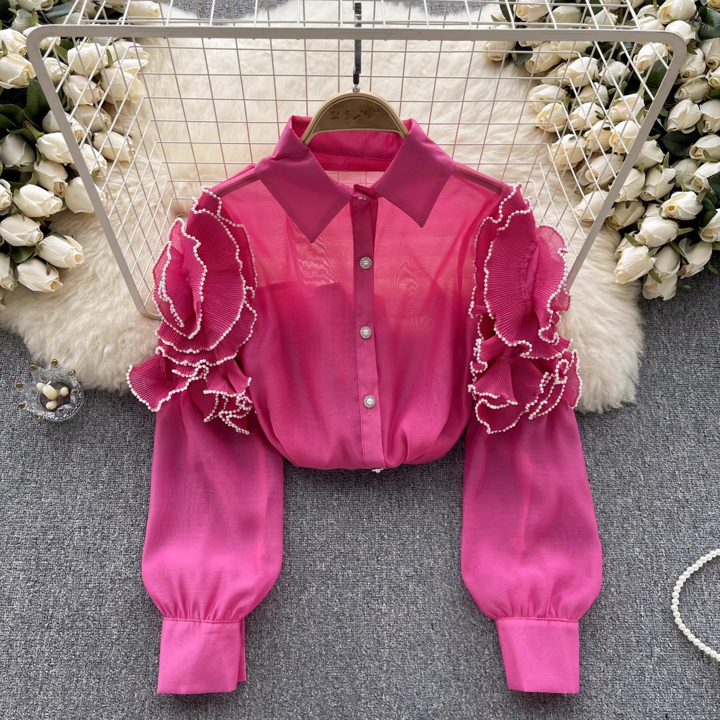 women's summer three-dimensional flower long sleeve mesh blouses YM353