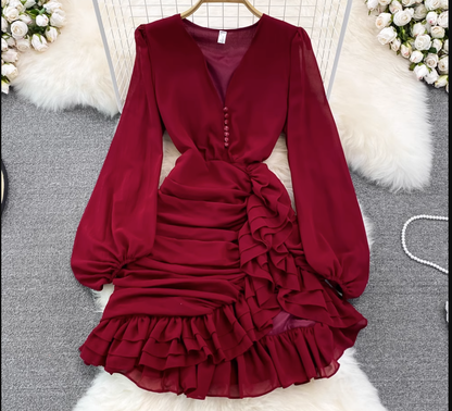 V Neck Irregular Ruffles Dress ,YM223