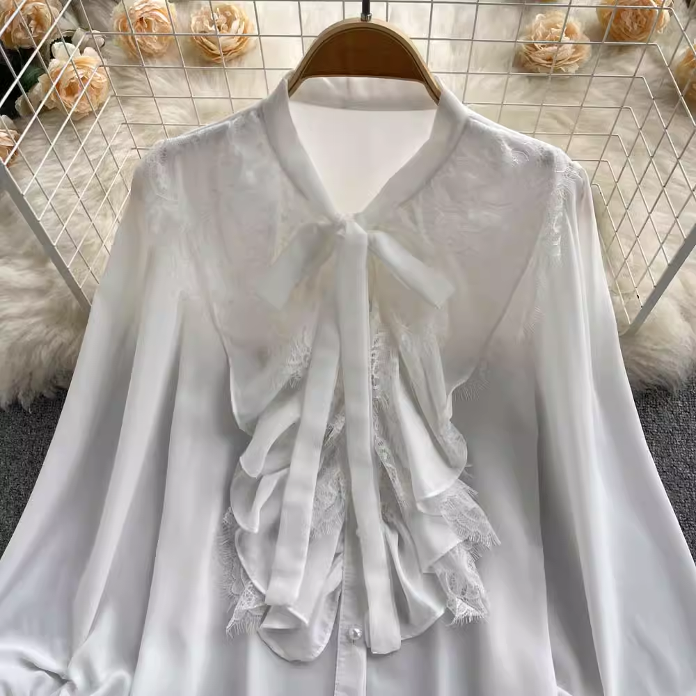 Ruffle Trim Blouses Panel Lace Chiffon Long Sleeves YM431