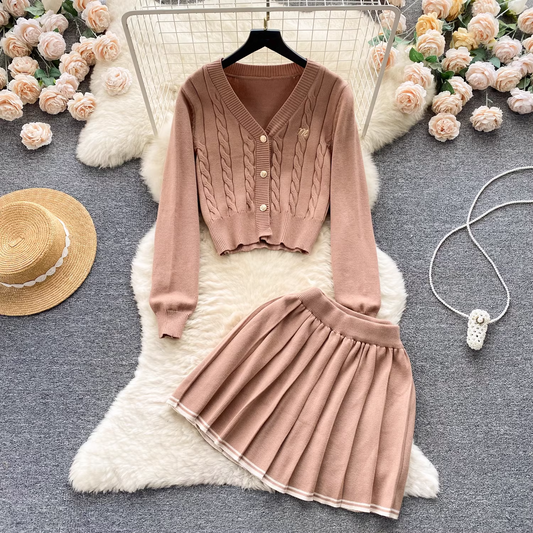 Autumn short knitted cardigan jacket pleated vocation dress two-piece set YM631