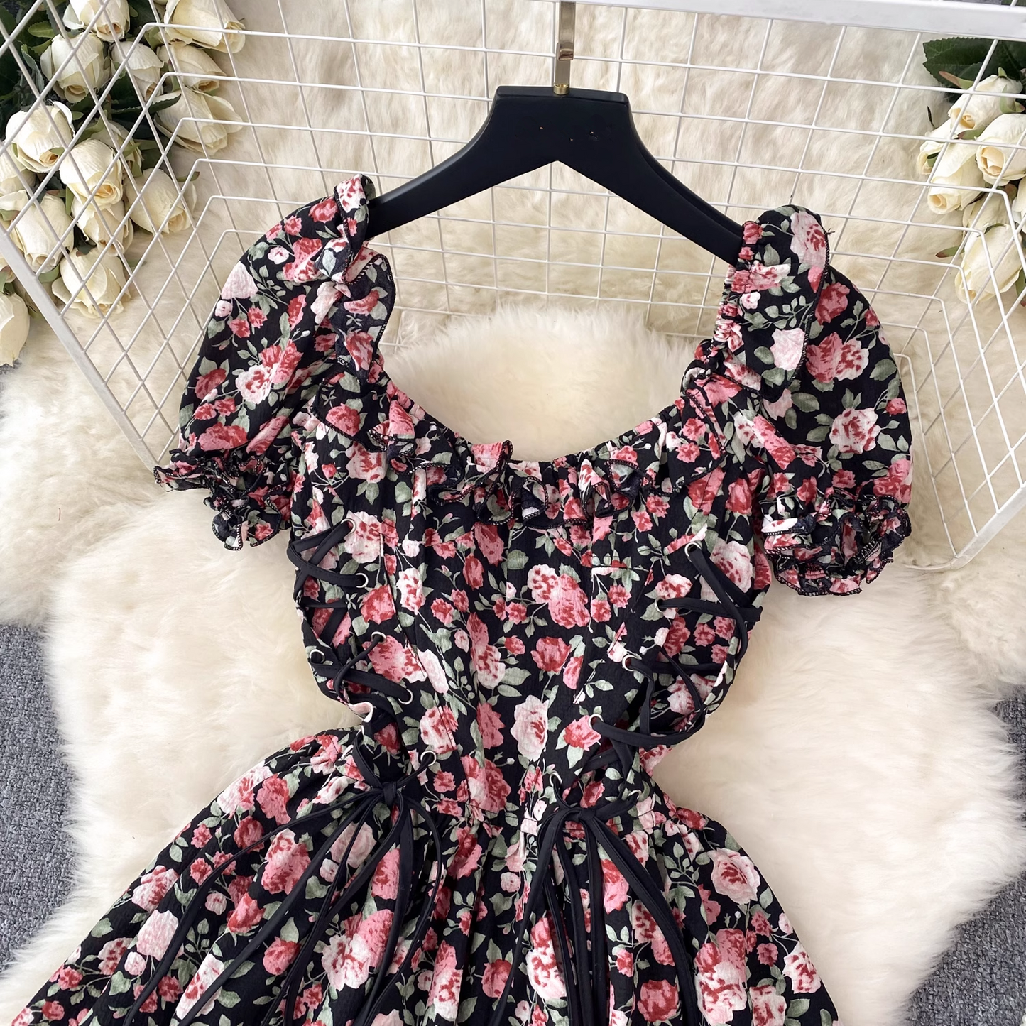 Floral Square Neck Puff Sleeve Irregular Dress For Women YM354