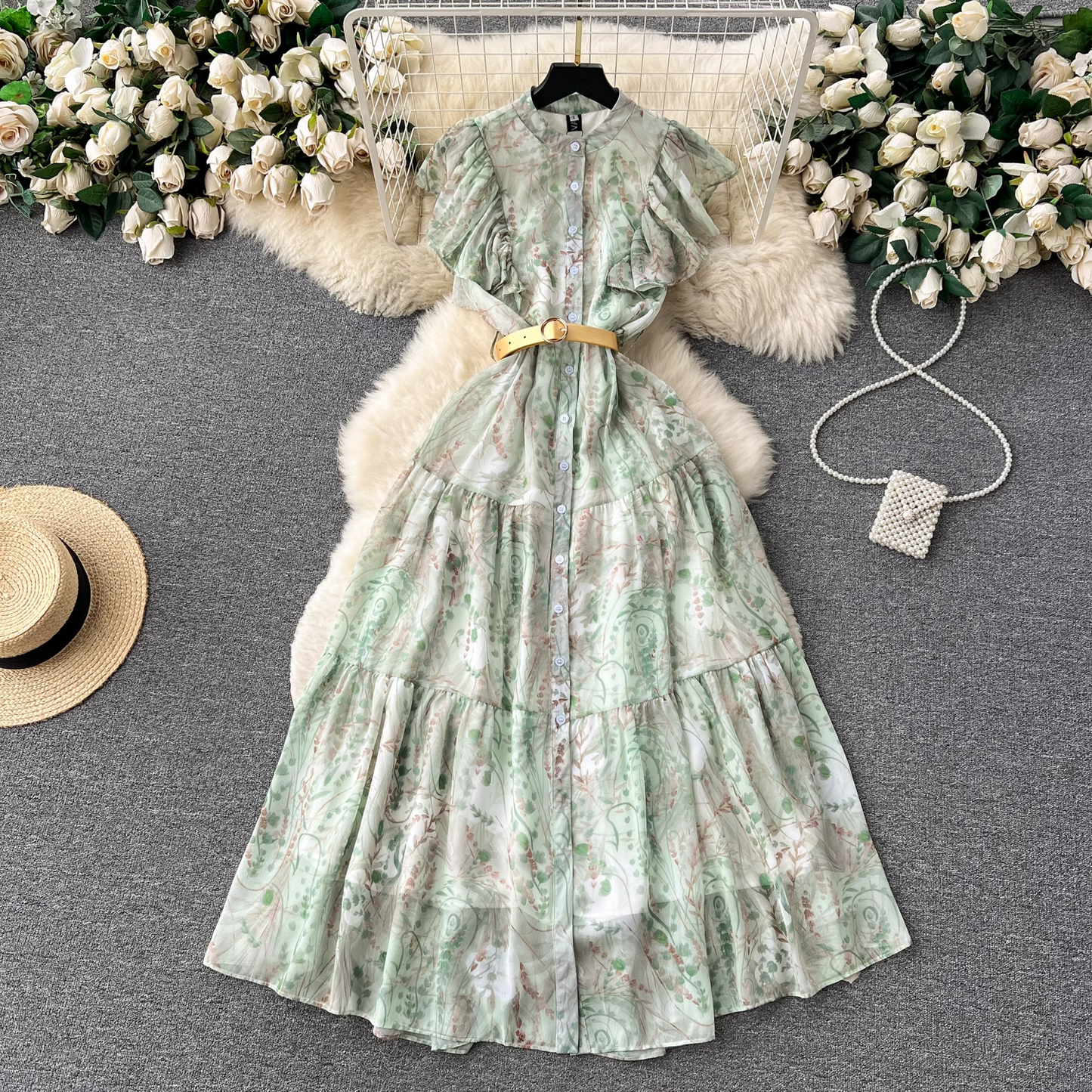 women's ruffle sleeve floral chiffon dress YM1206