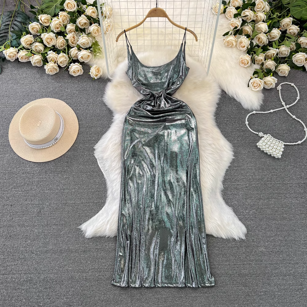 Women's mid-length a-line glossy metallic suspender dress YM987