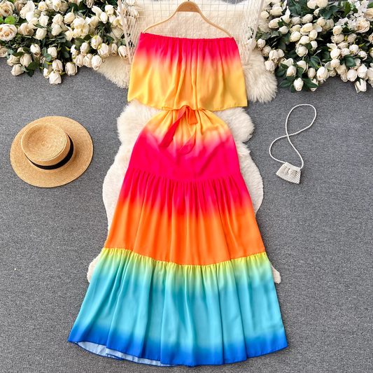 Smudged one-shoulder dress women's summer waist strap design sense YM433