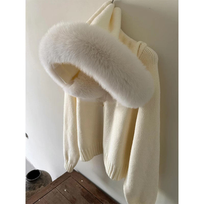 Xiaoxiangfeng Sweater Jacket Hooded Fox Big Fur Collar Lazy Thickened Short Cardigan YM1804