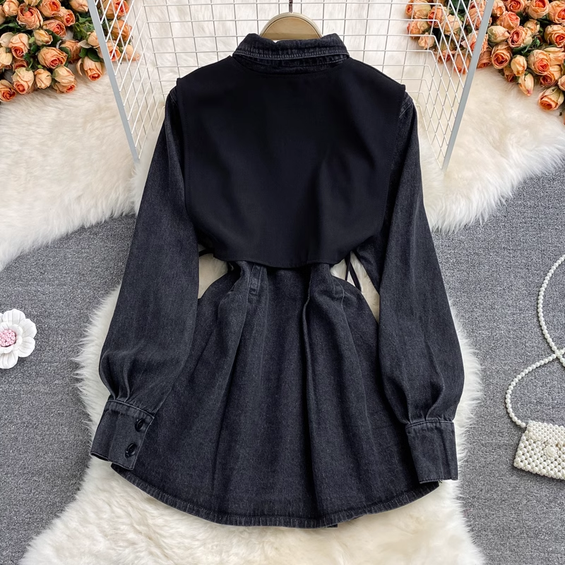 Fake two-piece vest lapel denim dress YM827