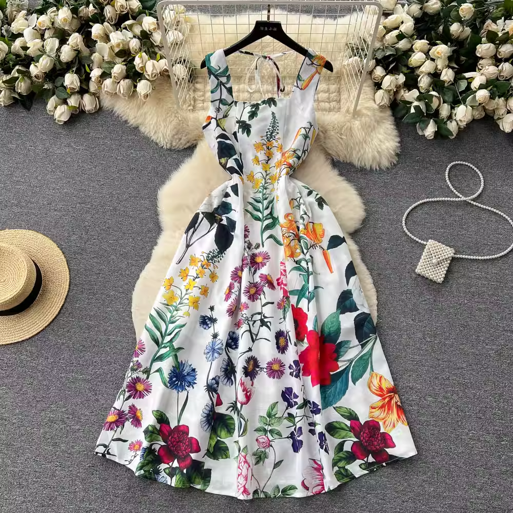 women's summer printed square neck dress YM1567