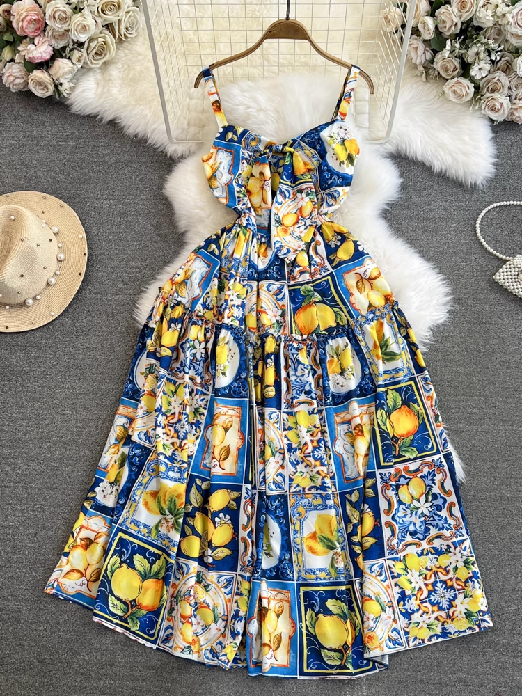 Mid-length a-line lemon print suspender dress seaside vacation long dress YM885