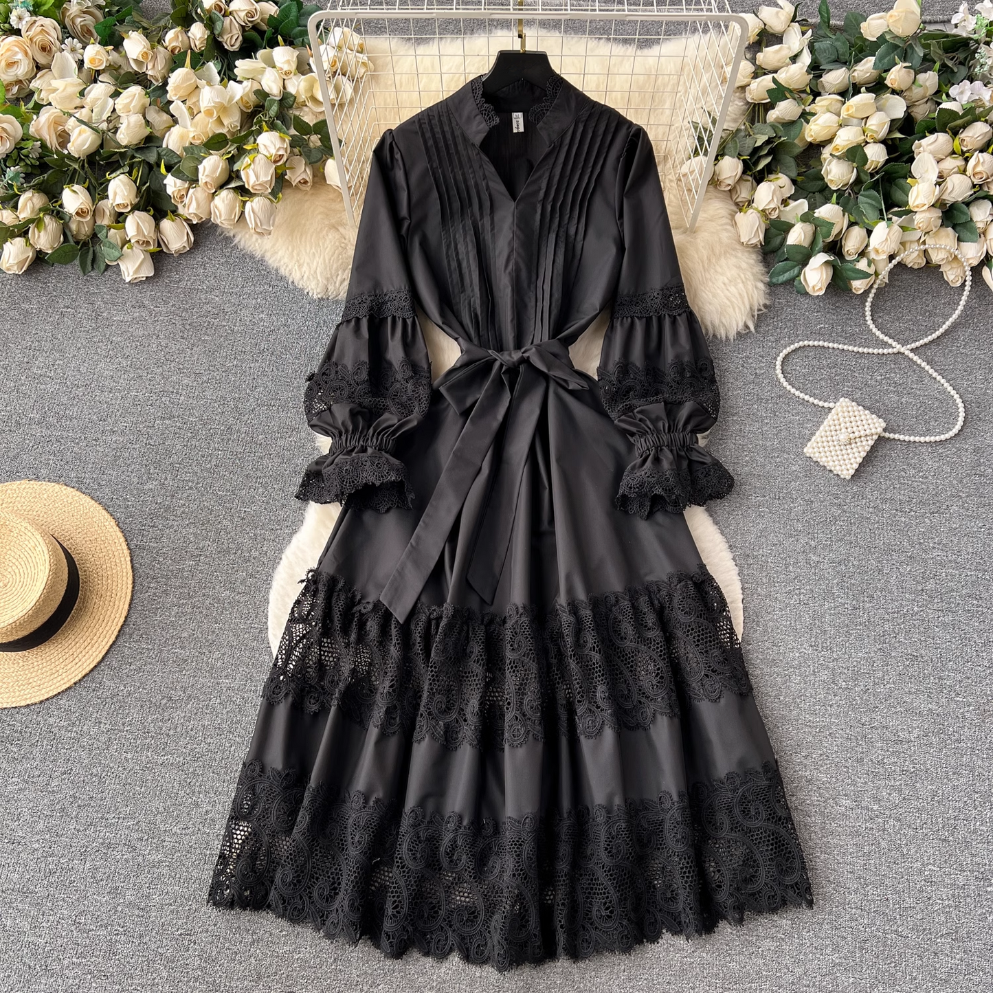 Palace style dress lace puff sleeve long skirt YM612