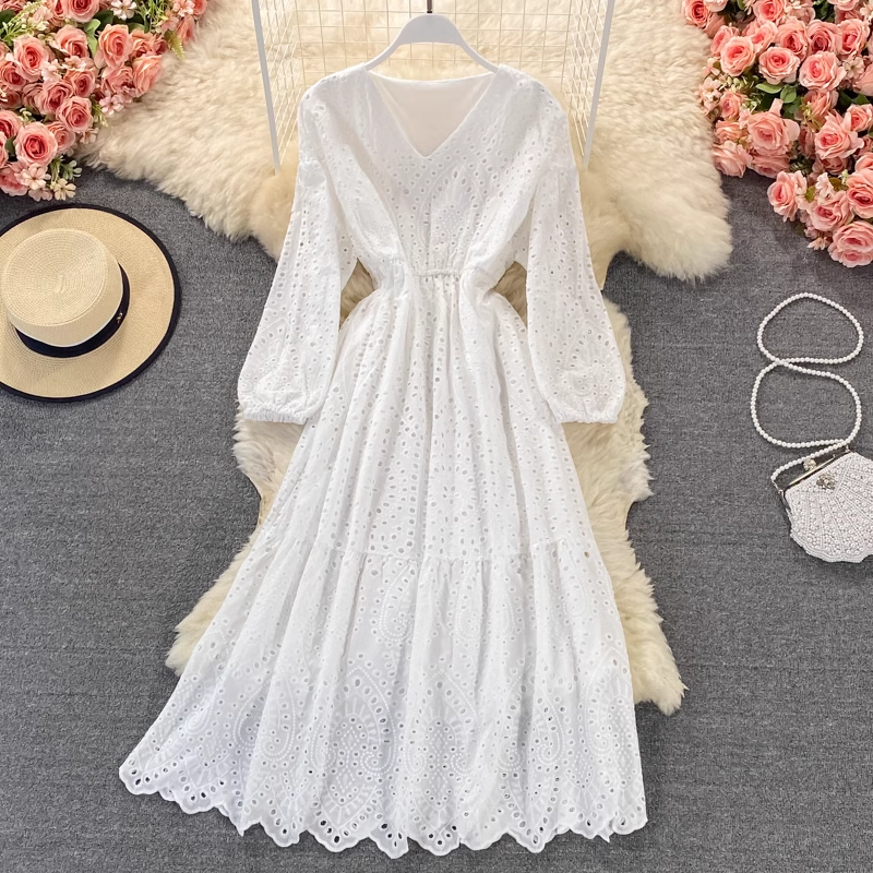 V-neck hollow embroidery summer dress ,YM180