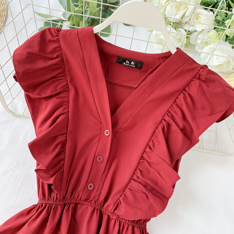 Vintage V-neck ruffled sleeveless Summer Dress, YM86