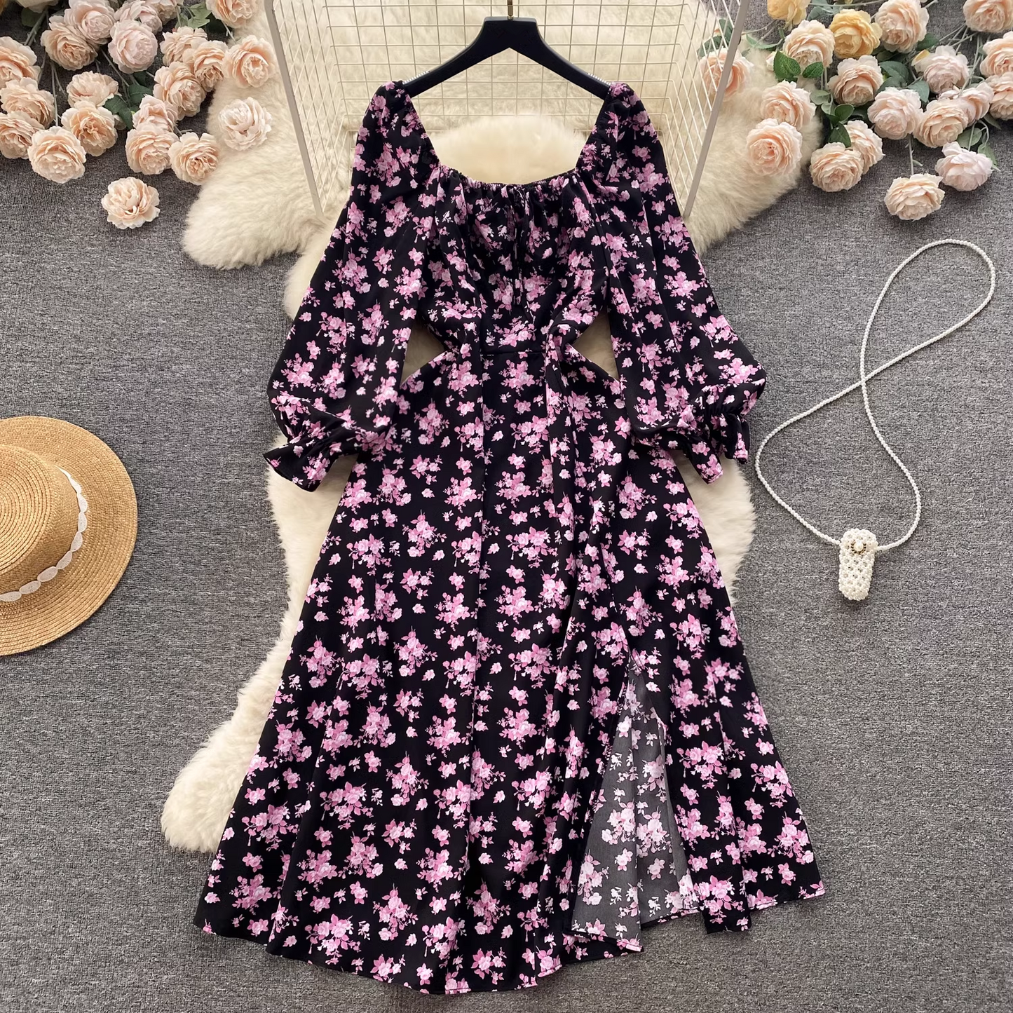 Floral Square Neck Puff Sleeve Dress YM397