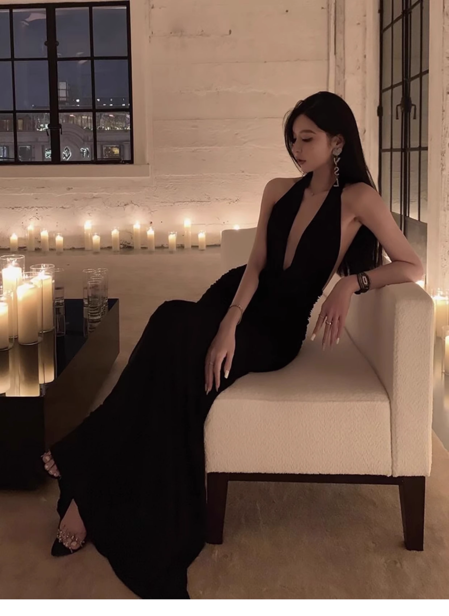 Deep V dress high-end sexy backless black halter neck long dress evening dress YM1925