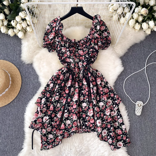 Floral Square Neck Puff Sleeve Irregular Dress For Women YM354